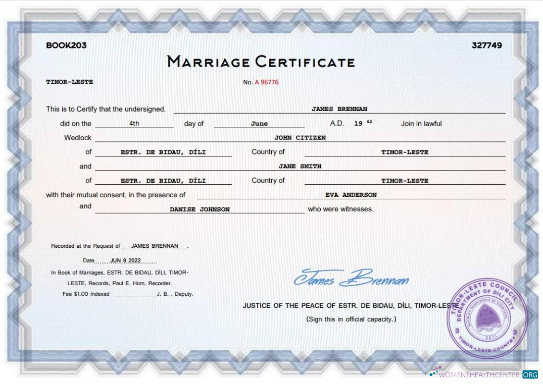 Download Timor Leste marriage certificate Word and PDF template Photoshop template